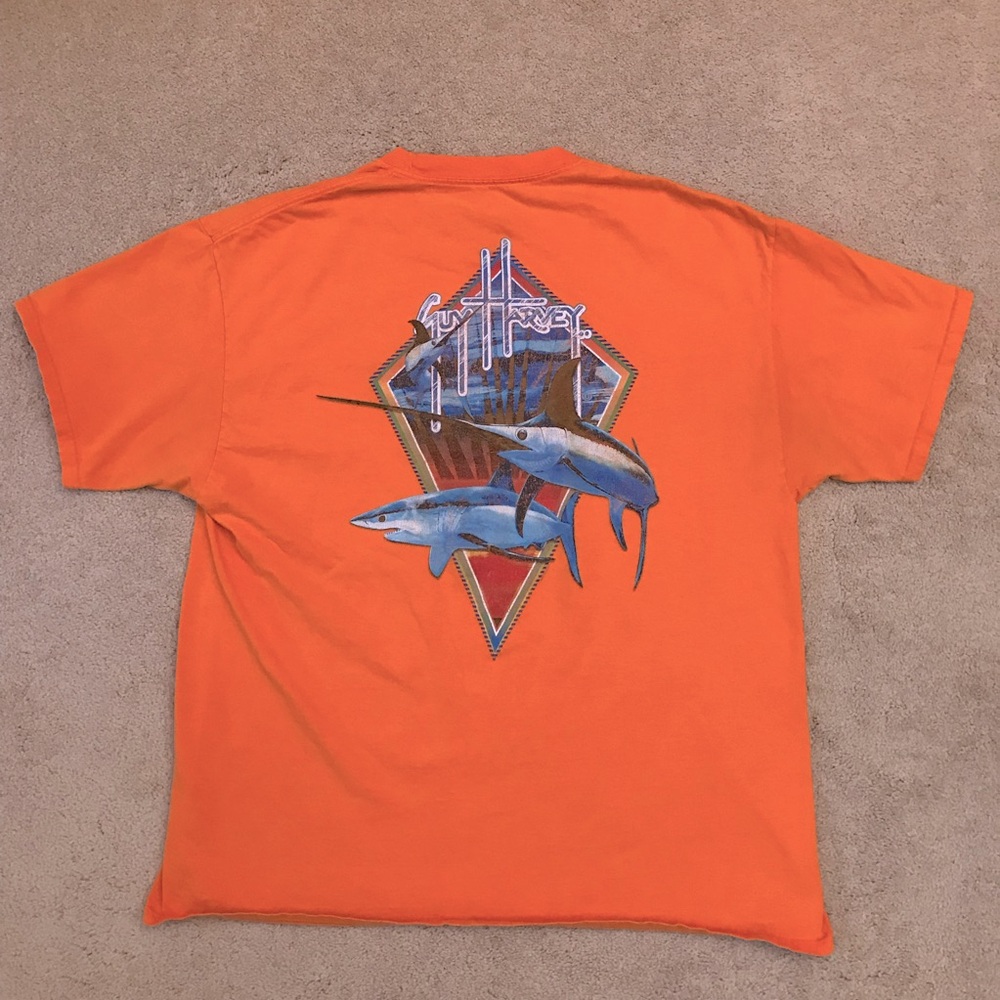 Guy Harvey Bluewater Cotton Pocket T Shirt Men XL Orange Marlin Swordfish Shark